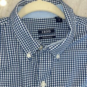 MENS IZOD LONG SLEEVE BUTTON DOWN NAVY BLUE GIHAM NON IRON WRINKLE FREE LARGE